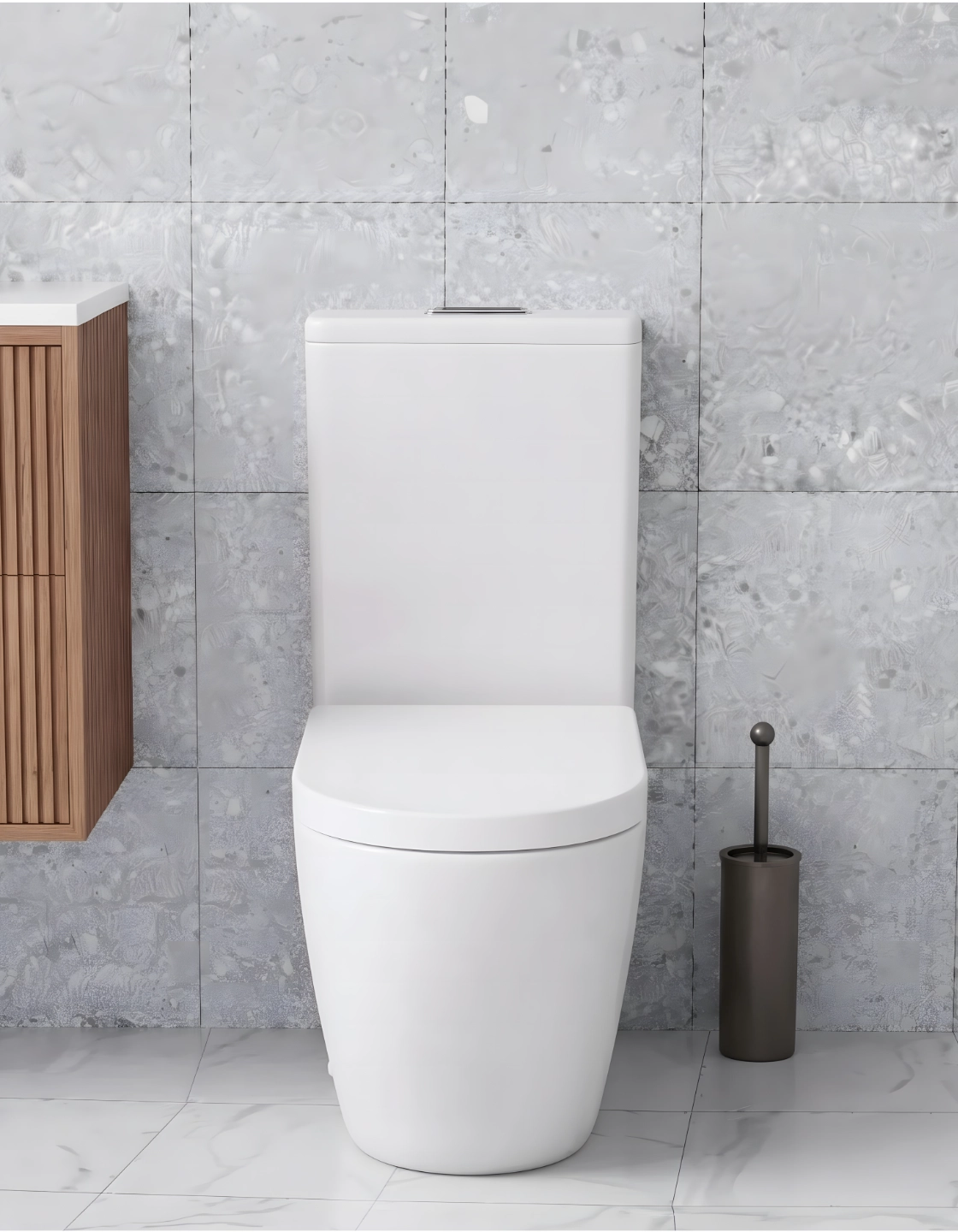 Back-to-wall close-coupled toilet suite with a dual-flush button, in a tiled bathroom