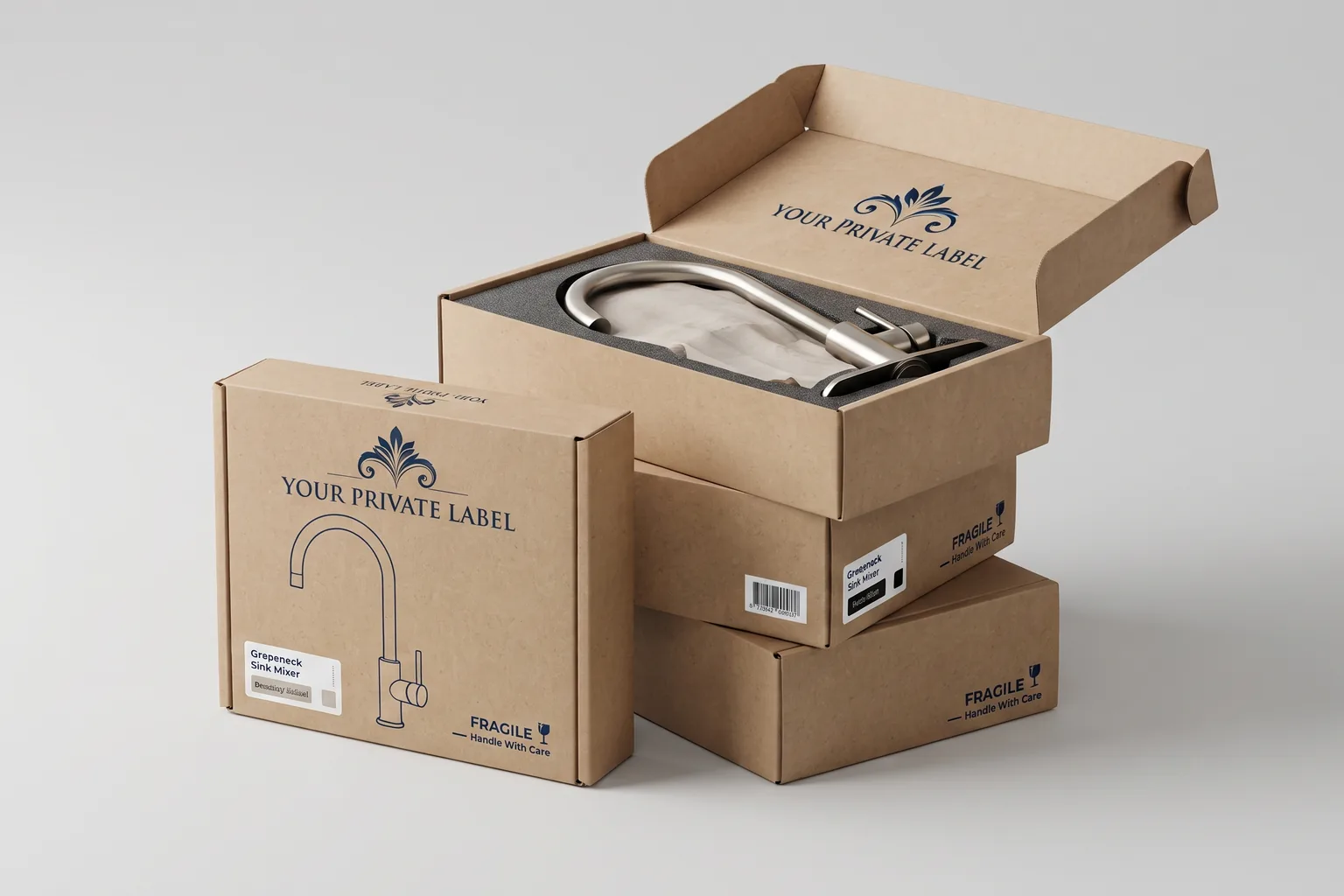Retail cartons printed with a customer's own brand, containing a sink mixer