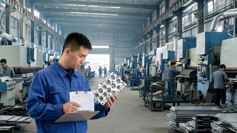 Inspector checking a component against a spec sheet on a sanitaryware factory floor