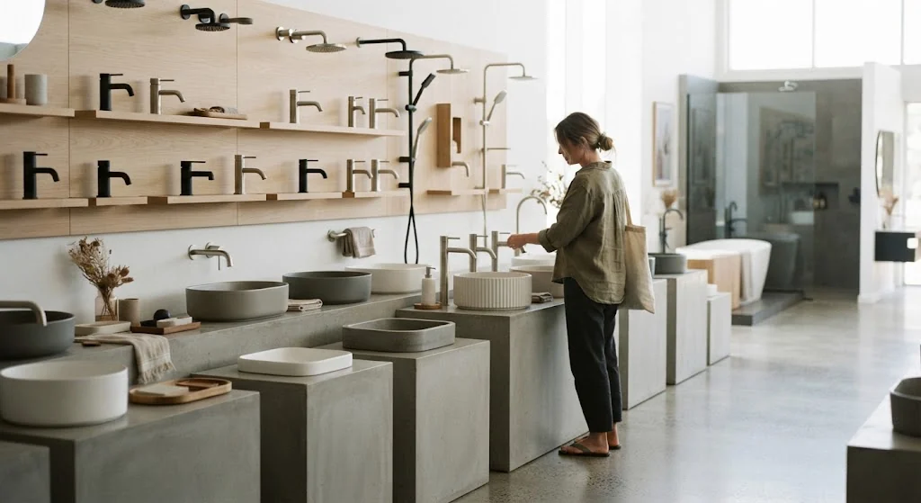 Bathroom showroom with basin and tapware displays