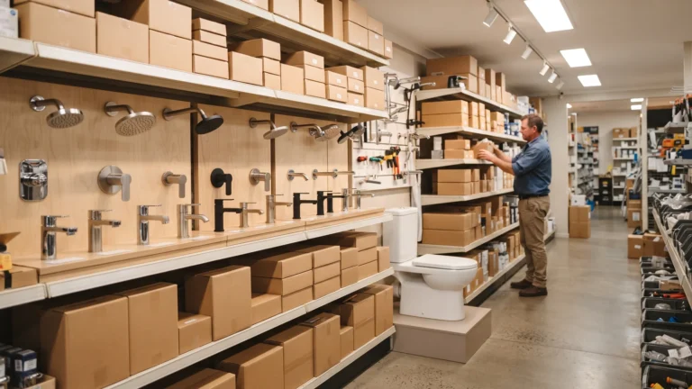 Trade plumbing store aisle with tapware and shower displays and boxed stock on the shelves