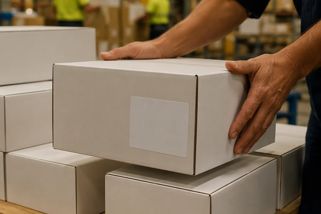 Plain unbranded white cartons stacked on a pallet in a warehouse