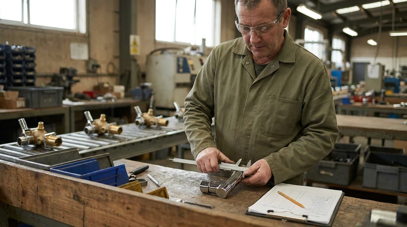 Inspector measuring a chrome tap spout with callipers against a written spec sheet