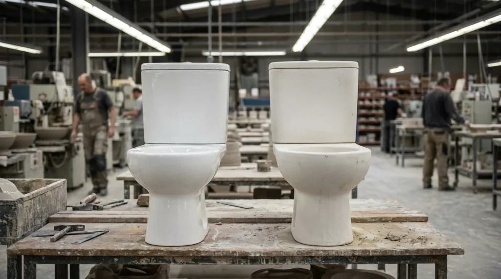 Two close-coupled toilet suites side by side on a factory bench, one glazed and one unglazed