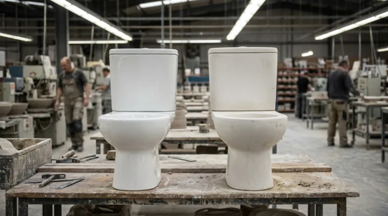 Two close-coupled toilet suites side by side on a factory bench, one glazed and one unglazed