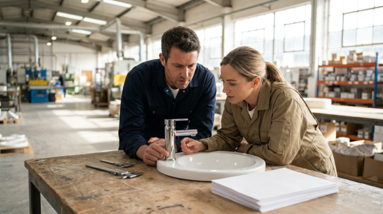 Bathroom retailer and sourcing specialist inspecting a chrome tap and ceramic basin at a factory sample table