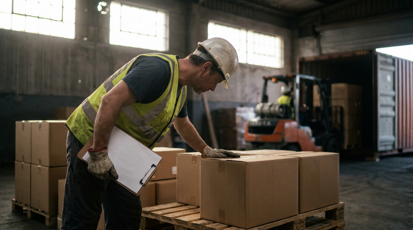 Quality inspector with a clipboard checking cartons stacked on pallets beside a container being loaded